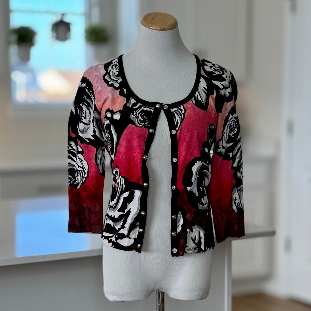 White House Black Market | Pink & Black Floral Cardigan Sweater